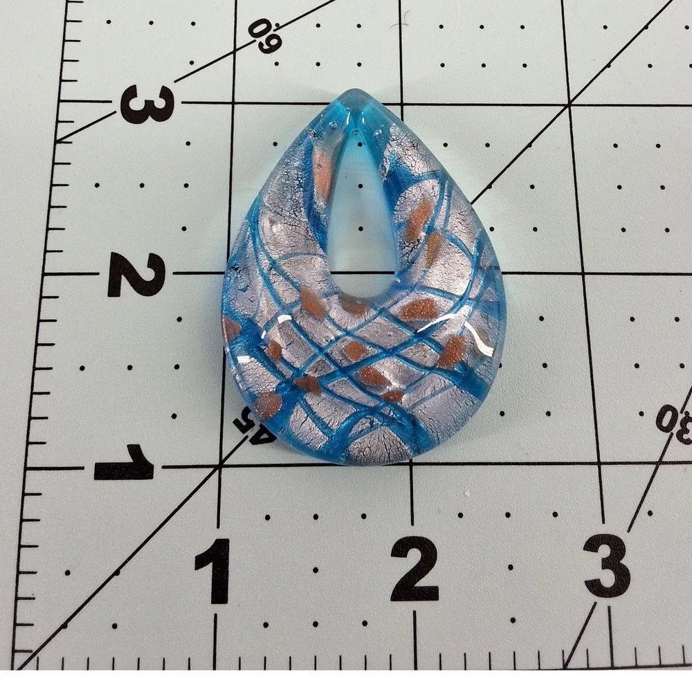 Blue Murano Style Art‎ Glass Teardrop Pendant Silver Foil Aventurine 1.75